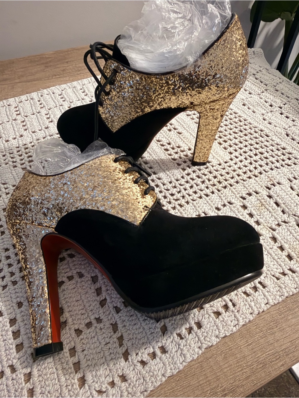 Black and Gold Lace-Up Platform Ankle Booties Size 5.5